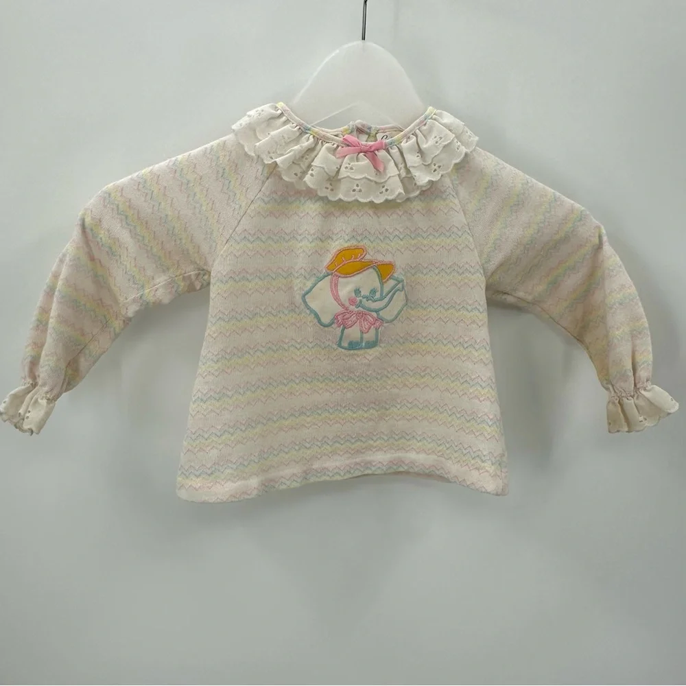 3/$15 VTG CARTERS Baby Tee 24 Months L/S Eyelet Elephant Applique Pastel Top USA